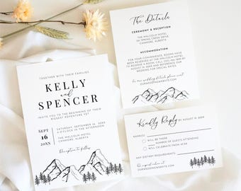 Mountain Wedding Invitation Suite: Minimalistic Templates Editable in Canva (Digital Download)