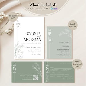 Sage Green Wedding Invitation Suite: Minimalistic Templates Customizable in Canva (Digital Download) image 6