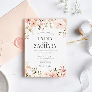 Wildflower Wedding Invitation Template With Pink Watercolor Florals |  Editable in Canva
