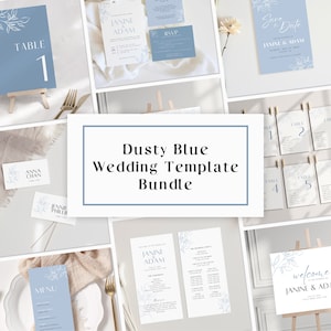Pacchetto di modelli per matrimonio blu polvere, inviti, biglietti e cartelli blu pallido modificabili in Canva, download digitale