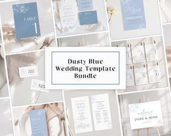 Könnte beinhalten: Dusty Blue Hochzeitsvorlagen-Paket mit verschiedenen Designs, darunter Save the Date, RSVP, Tischnummern, Willkommenszeichen, Speisekarte und Platzkarte. Die Designs beinhalten ein schlichtes Blumenmotiv und den Text "Janine & Adam".