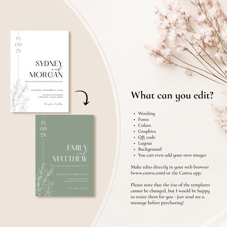 Sage Green Wedding Invitation Suite: Minimalistic Templates Customizable in Canva (Digital Download) image 7