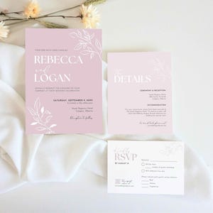 Dusty Rose Hochzeitseinladungs-Set, zarte rosa Vorlagen bearbeitbar in Canva, herunterladbare Einladungskarten