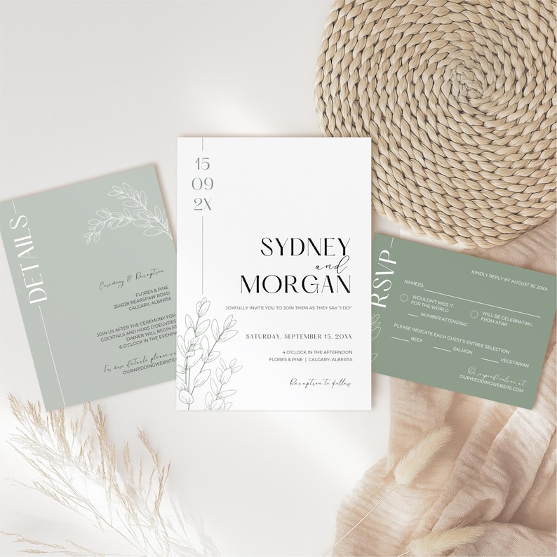 Sage Green Wedding Invitation Suite: Minimalistic Templates Customizable in Canva (Digital Download) image 1