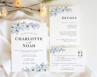 Navy Blue Floral Wedding Invitation Set, Minimalistic Editable Canva Templates, Digital Download