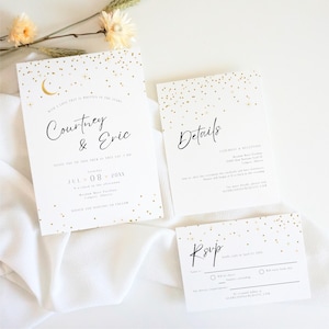 Plantillas de invitación de boda con estrellas: Luna dorada y estrellas, personalizables en Canva (descarga instantánea)
