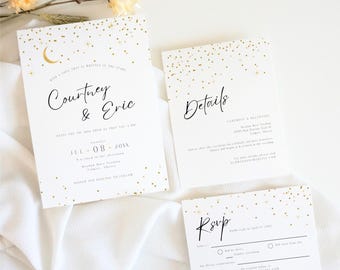 Starry Wedding Invitation Templates, Moon and Stars Invite Suite Editable in Canva, Instant Download