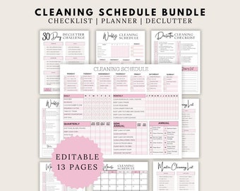 Op de afbeelding: Een schoonmaakschema-bundel met 13 bewerkbare pagina's aan checklists, planners en opruimgidsen. De documenten zijn voorzien van zwarte tekst op wit papier met zachtroze accenten, ingedeeld in dagelijkse, wekelijkse, maandelijkse en jaarlijkse taken.