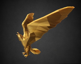 May include: A golden, geometric, 3D printed sculpture of a bird with its wings spread wide. The sculpture is made of many small triangles and has a textured surface.