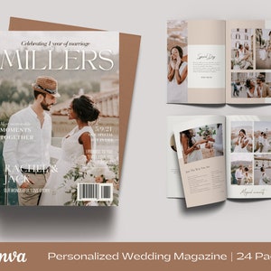 May include: A wedding magazine cover featuring a photograph of a couple in front of a bridge. The cover text reads "Celebrating 1 year of marriage MILLERS" and "Moments Together Rachel & Jack Our Wonderful Love Story".