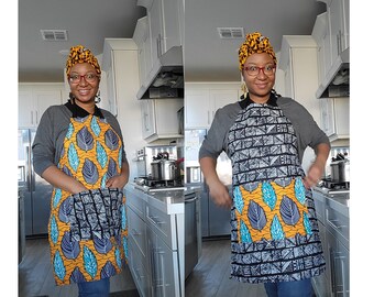 Reversible African Print Apron with Pockets, Premium Hostess Apron, Stylish Cotton Apron with Wax Print, Artisan Apron for Bakers and Chefs