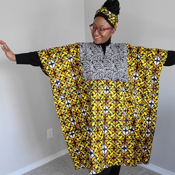 African Wax Print Long Kaftan Top, Oversized African Kimono Tunic, Plus Size African dress, Yellow Ankara Kimono