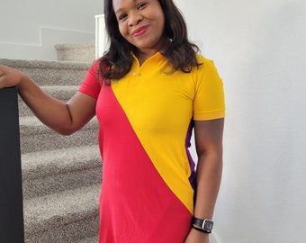 Color Block Knit Polo Dress, Yellow Red Purple, Knee Length