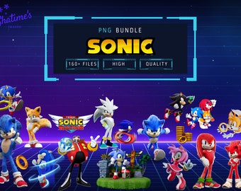 May include: A digital illustration featuring various characters from the Sonic the Hedgehog franchise. The characters are depicted in a vibrant blue, red, yellow, and white color scheme. The image includes the text "PNG Bundle Sonic 160+ Files High Quality".