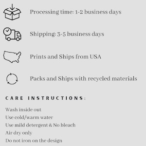 May include: Image with text detailing product care and shipping information. Includes icons of a box, a truck, a map of the USA, and recycling arrows. Text includes care instructions: wash inside out, use cold/warm water, mild detergent, air dry, and do not iron.
