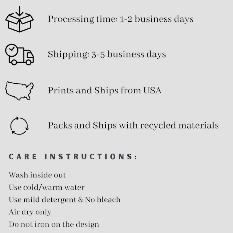May include: Image with text detailing product care and shipping information. Includes icons of a box, a truck, a map of the USA, and recycling arrows. Text includes care instructions: wash inside out, use cold/warm water, mild detergent, air dry, and do not iron.
