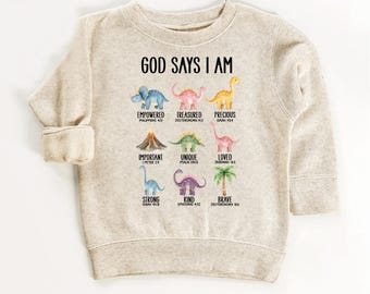 God Says I Am Shirt for Kids: Christian Kids Tee, Bible Verse Tshirt, dinosaur Toddler Faith Gift, Religious Birthday Gift for Girls, Boys