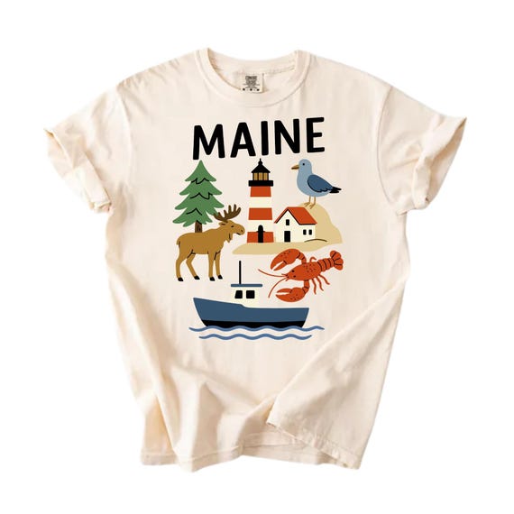 Maine T-Shirt, Pine Tree State Travel Shirt, Maine Coastal Graphic Tee, Lobster Maine Comfort Colors® Vintage Washed Unisex Tee