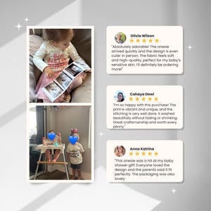 May include: A collage of images featuring children's clothing and baby-related items. One image shows a young child holding a sonogram. The other image shows two children in high chairs. Customer reviews are also included.