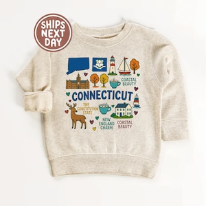 May include: A beige sweatshirt featuring a colorful graphic of Connecticut landmarks, including a state map, lighthouse, and sailboat. The word "CONNECTICUT" is prominently displayed, along with the text "COASTAL BEAUTY" and "NEW ENGLAND CHARM".