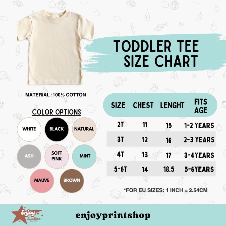 May include: A cream-colored toddler tee shirt made of 100% cotton. The image includes a size chart with chest and length measurements in inches for sizes 2T to 5-6T. Color options include white, black, and natural.