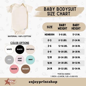 May include: Cream-colored baby bodysuit made of 100% cotton. The image includes a size chart with baby weight and height measurements in inches and pounds. Color options include white, black, natural, ash, soft pink, mint, mauve, and brown.