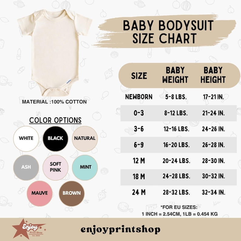 May include: Cream-colored baby bodysuit made of 100% cotton. The image includes a size chart with baby weight and height measurements in inches and pounds. Color options include white, black, natural, ash, soft pink, mint, mauve, and brown.