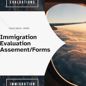 以下が含まれることがあります： 入国審査サービスを宣伝する画像。デザインには「Immigration Evaluations」と「Immigration Evaluation Assessment/Forms」というテキストが含まれています。背景には、飛行機の窓から見える雲と翼が描かれています。