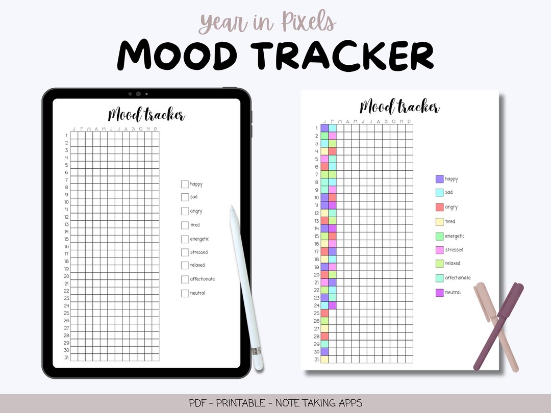 Mood Tracker Year in Pixels Bullet Journal Printable PDF for Goodnotes ...