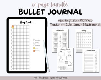 Year in Pixels Bullet Journals Trackers Planners Calendars Bundle | Digital PDF | Track Mood Anxiety Dream Fitness Music Reading Movies
