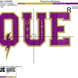 May include: Purple and gold embroidered letters spelling "QUE" with a lightning bolt design in the first letter. The letters are outlined in gold and have a striped pattern.