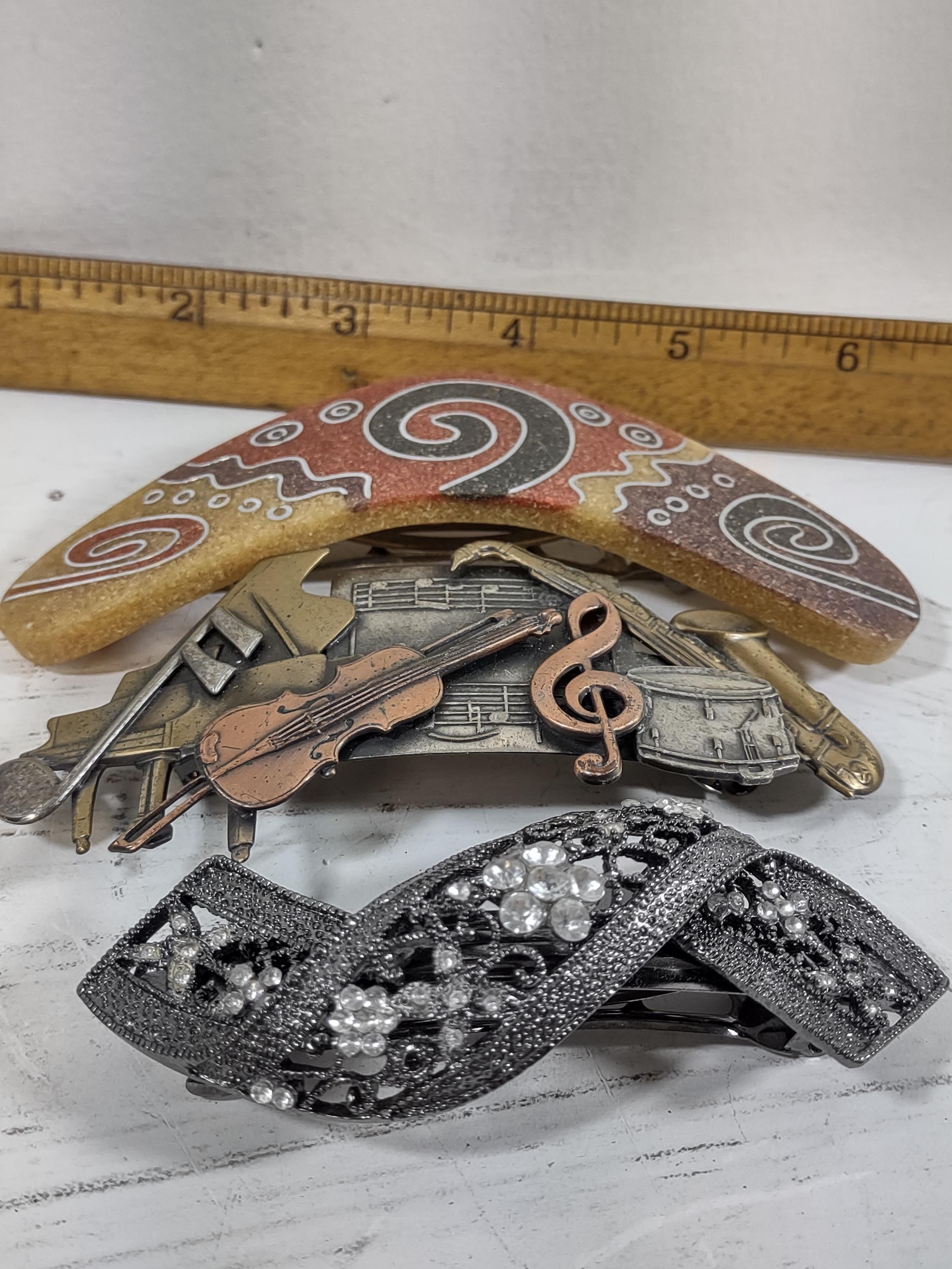 Vintage Made in France musical instruments barrette. Vintage Made in FRANCE Rhinestone Hair Clip Barrette , Music  main image 3
