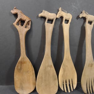 Hand Carved Wooden Safari Animal Large Salad Spoon and Fork Serving 2 sets