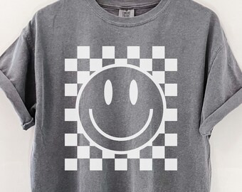 Checkered happy cute graphic tee retro, Gift for her