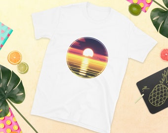 Sunset T-Shirt, Round Sunset Art, Beach T-shirt, Beach sun shirt, Designed by AI, Graphic Tee