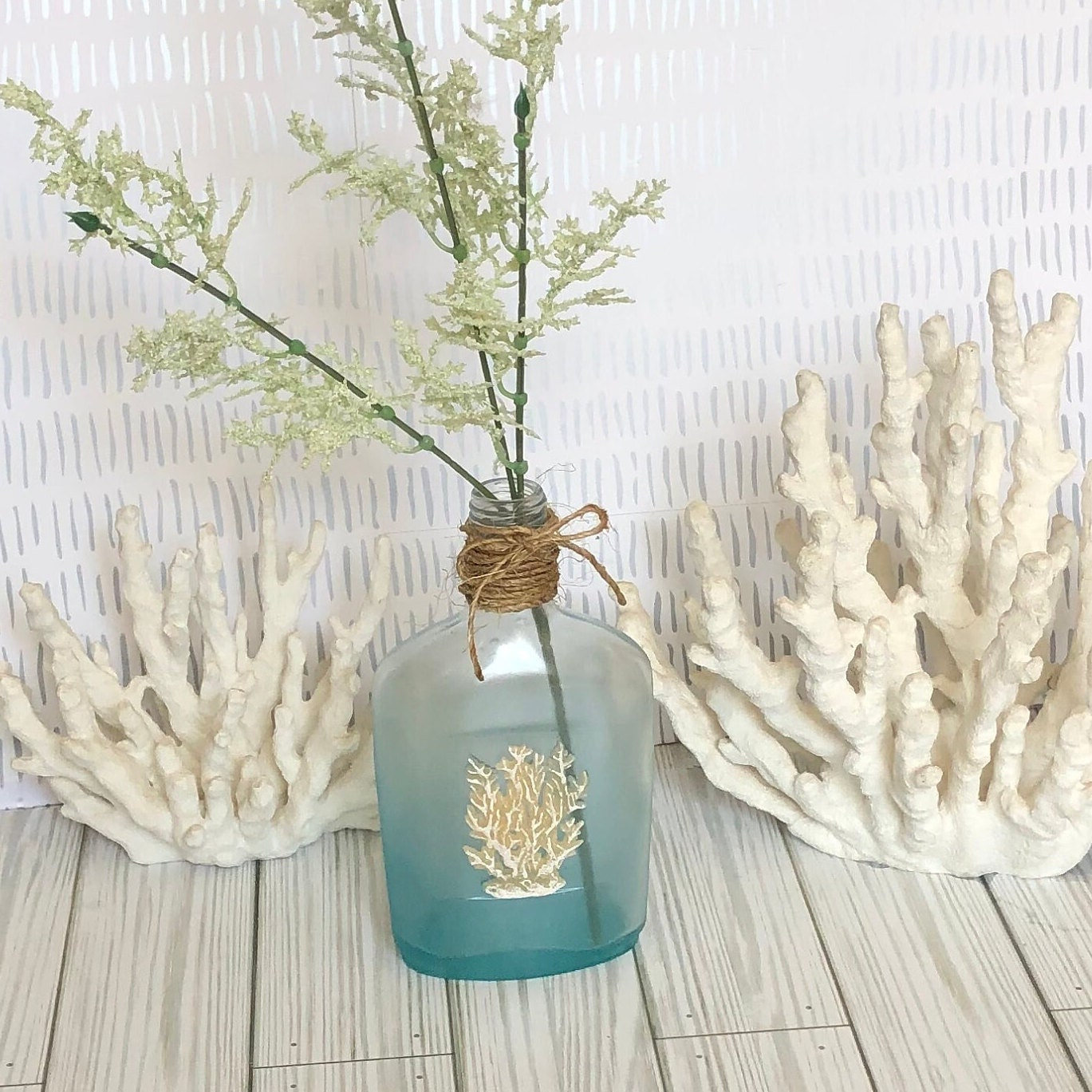 Upcycled Coastal Beachy Sea Glass Bottle, Coastal Tiered Tray Decor, Beach House Vase, Coastal ...