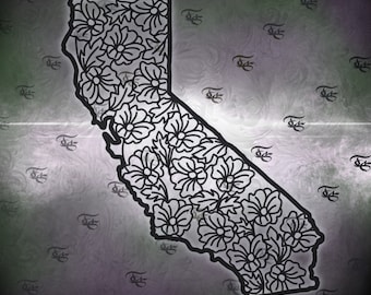 May include: A black and white outline of the state of California, filled with a floral pattern. The background is a faded purple and green.