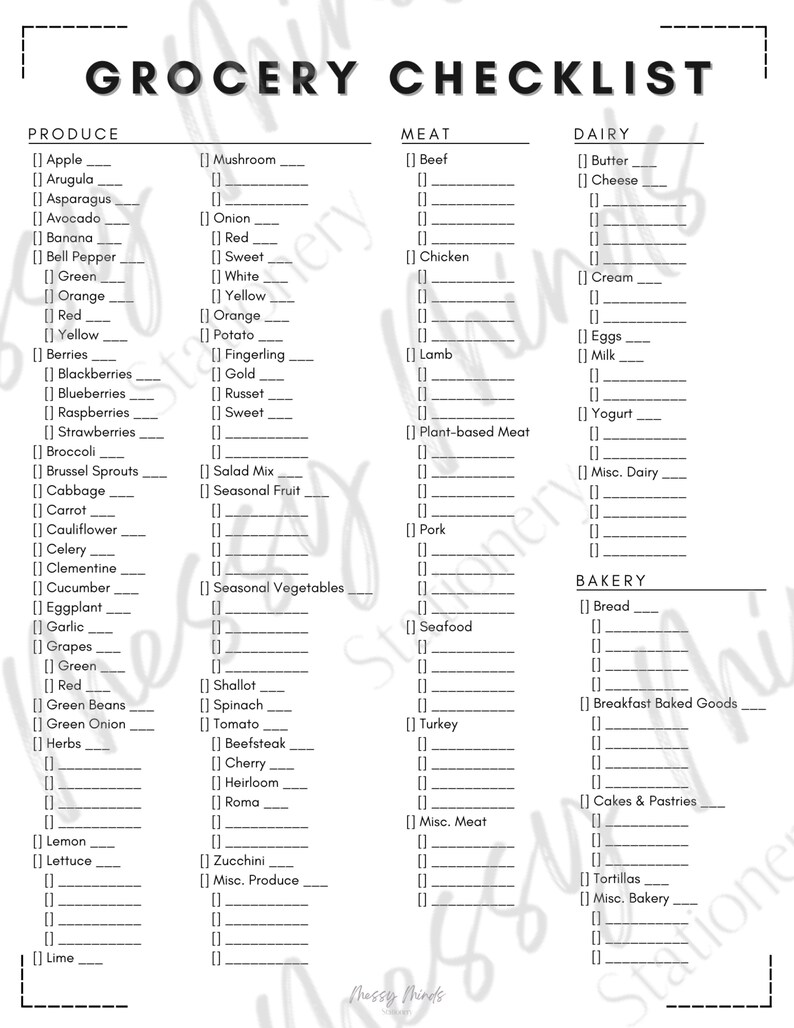 Printable Grocery Checklist Printable Grocery List Simple - Etsy