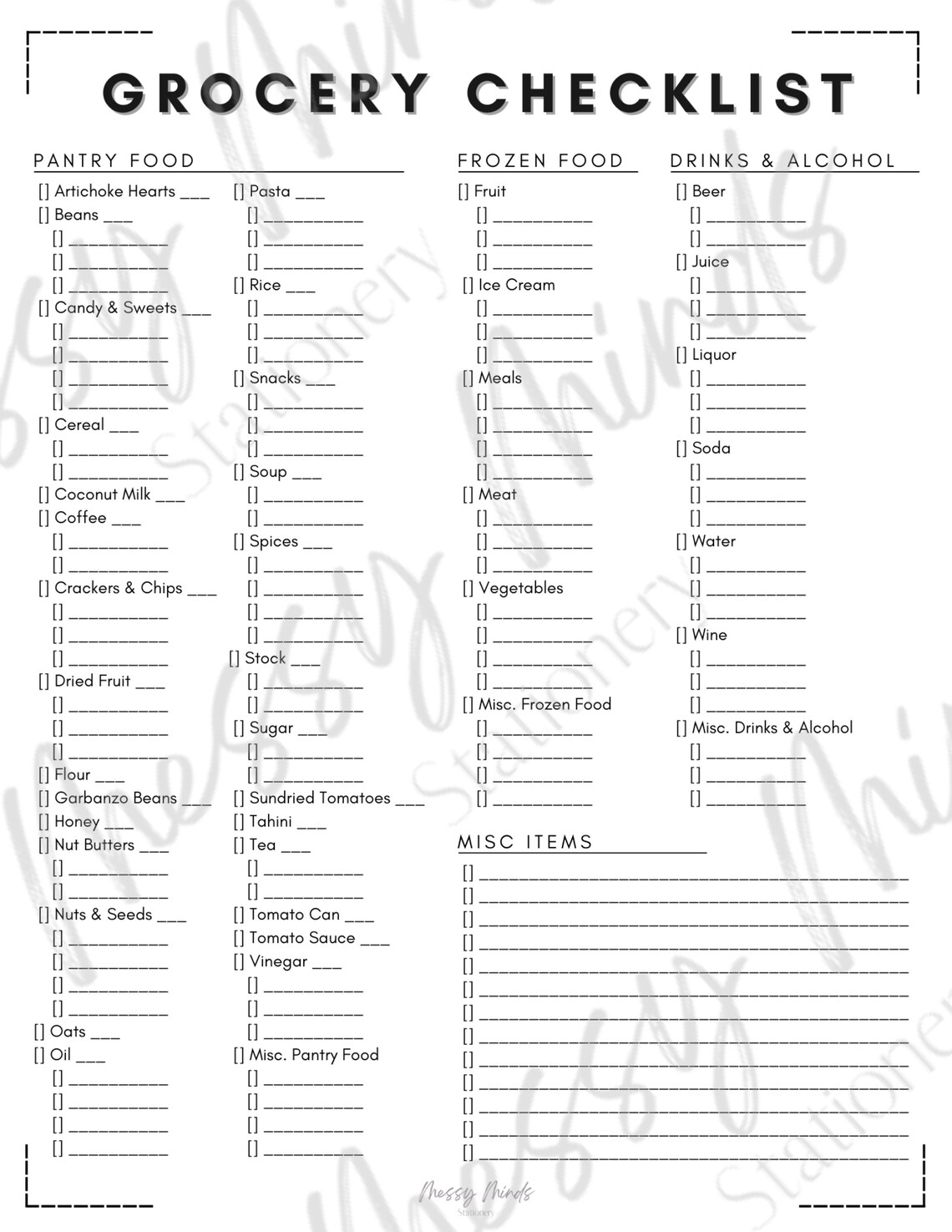 Printable Grocery Checklist Printable Grocery List Simple - Etsy