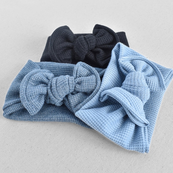 Waffle Top Knot Flat Bow Headband (Light Blue, Blue, Black), Newborn / Baby