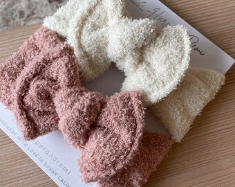 Teddy Bear Top Knot Bow Headband (Neutral Cream, Dusty Rose), Newborn / Baby