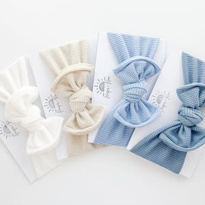 Neutral + Blue Waffle Baby Headbands – Top Knot Bows for Newborn & Baby Girls (White, Sand, Bright Light Blue, Dusty Blue)