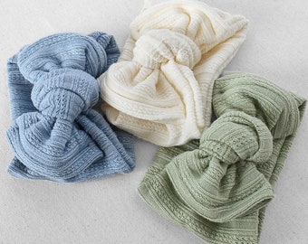 Pointelle Sweater Ribbed Top Knot Flat Bow Headband (Neutral Cream, Blue, Green), Newborn / Baby