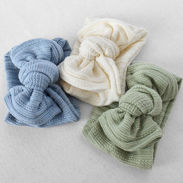 Pointelle Sweater Ribbed Top Knot Flat Bow Headband (Neutral Cream, Blue, Green), Newborn / Baby