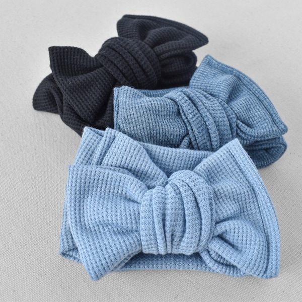 Waffle Oversized Bow Headband Wrap (Light Blue, Blue, Black), Newborn / Baby