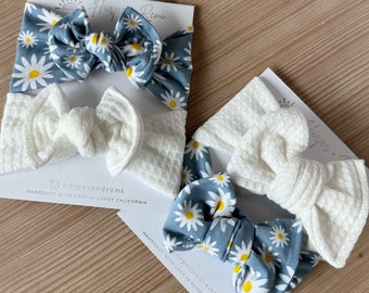 Newborn / Baby Bows, Oversized or Top Knot Options (Spring Bundle - Cotton Blue Daisy Print, White honeycomb)