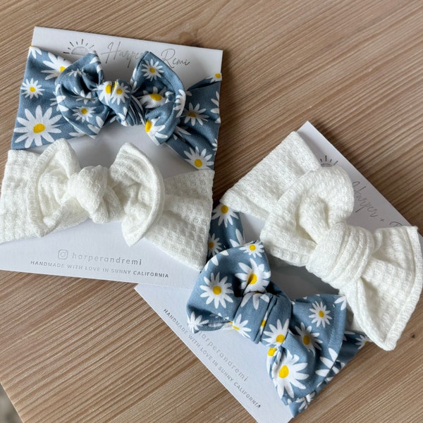 Newborn / Baby Bows, Oversized or Top Knot Options (Spring Bundle - Cotton Blue Daisy Print, White honeycomb)