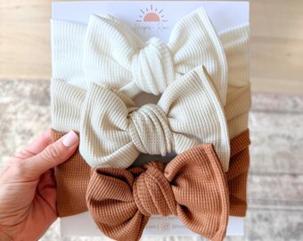 Neutral Waffle Baby Headbands – Oversized or Top Knot Bows  display picture 3