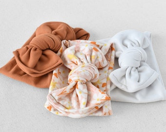 Brushed Top Knot Flat Bow Headband (Fall Neutrals: Burnt orange, blush floral, white), Newborn / Baby