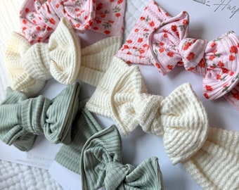 Newborn / Baby Bows, Oversized or Top Knot Options (Spring Bundle - Light Pink Ribbed Floral, Cream Brushed Waffle, Aqua Ribbed)